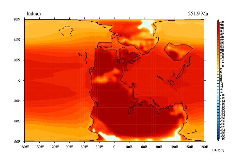 Surface temperature (°C) of the warmest month during peak-warmth for the Permian-Triassic mass extinction 252 million years ago. Credit: University of Bristol and China University of Geosciences (Wuhan)